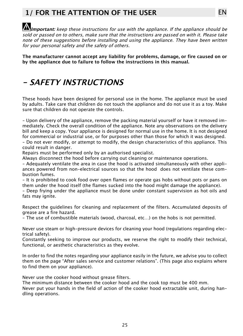 Safety instructions, 1/ for the attention of the user en | DE DIETRICH DHD1100X User Manual | Page 4 / 11