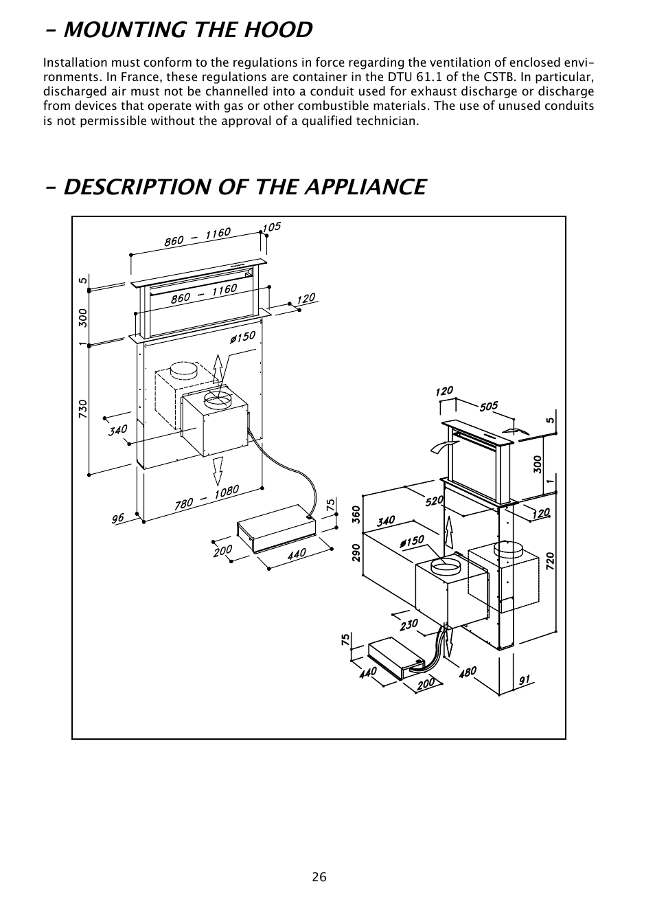 Description of the appliance - mounting the hood | DE DIETRICH DHD1100X User Manual | Page 5 / 11