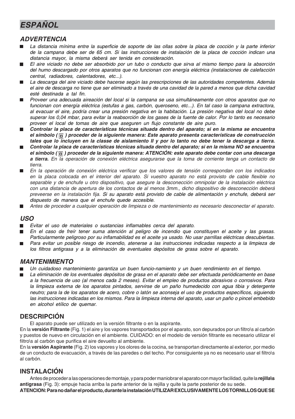 Español, Advertencia, Mantenimiento | Descripción, Instalación | DE DIETRICH DHT1119X User Manual | Page 11 / 20