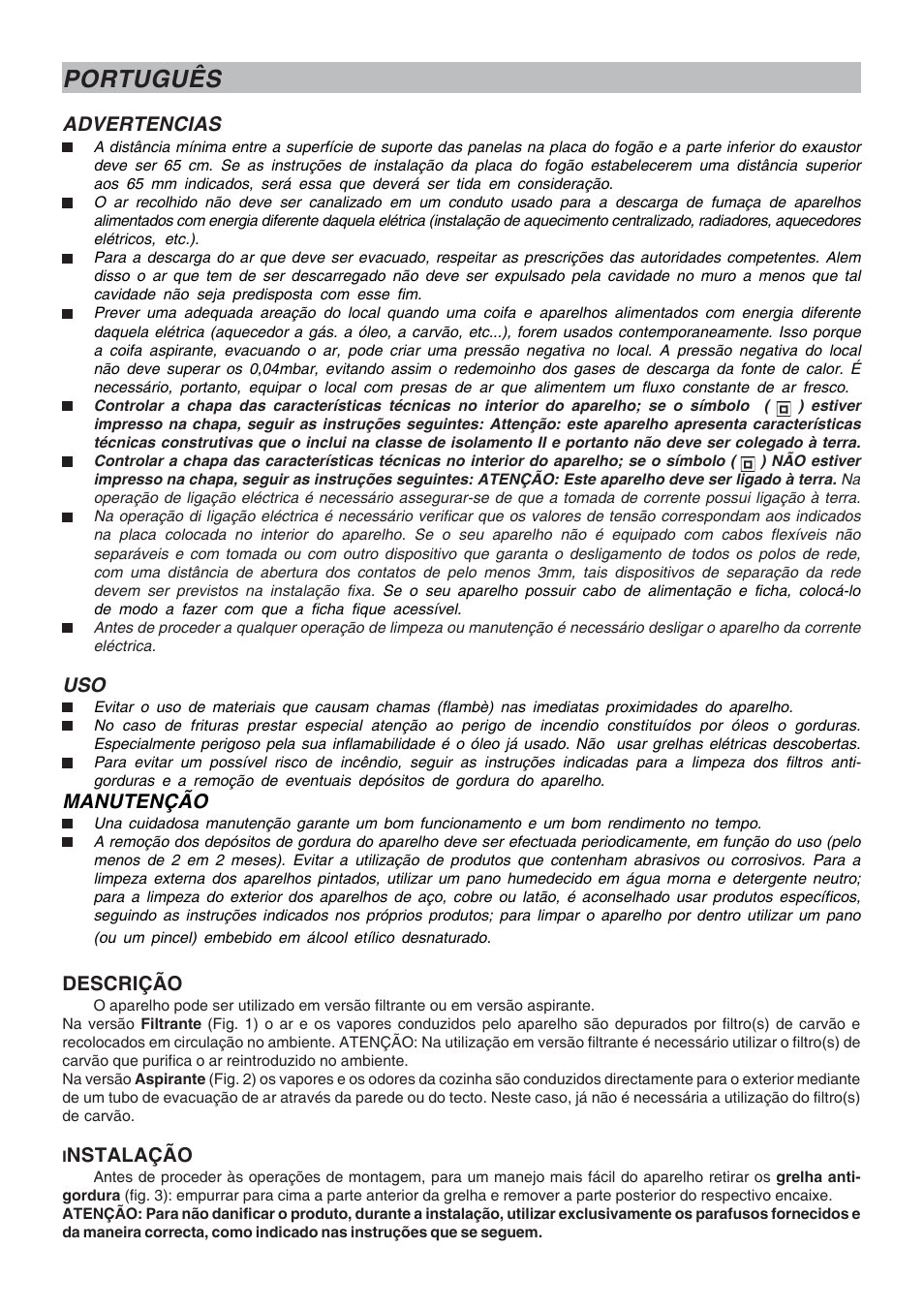 Português, Advertencias, Manutenção | Descrição, Nstalação | DE DIETRICH DHT1119X User Manual | Page 13 / 20