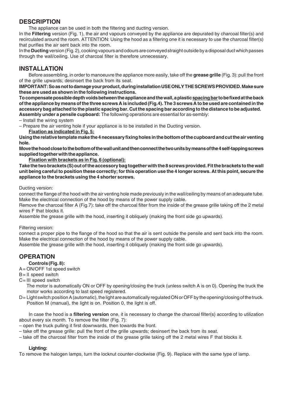 Description, Installation, Operation | DE DIETRICH DHT1119X User Manual | Page 6 / 20