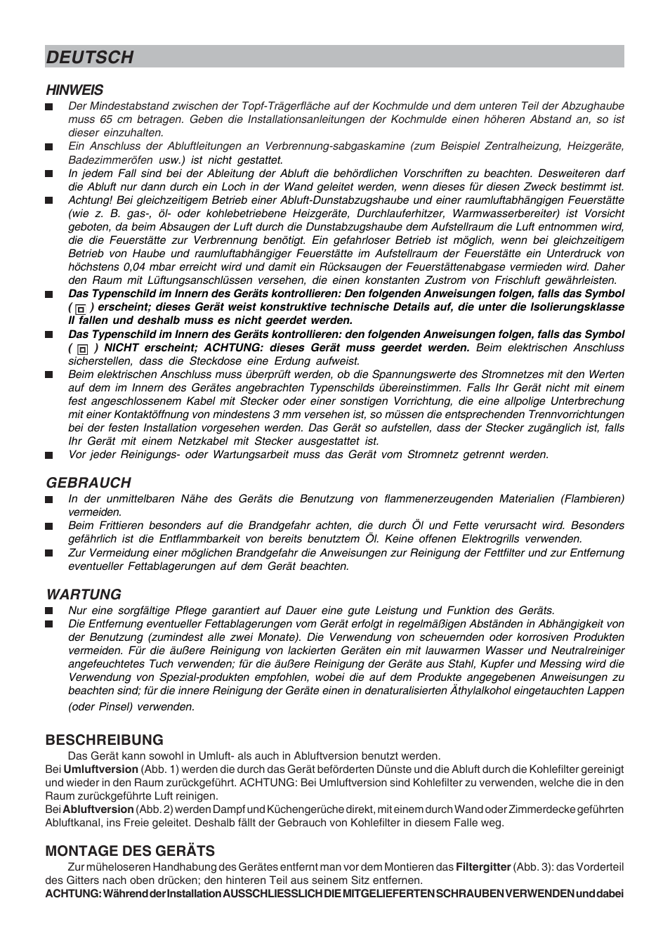 Deutsch, Hinweis, Gebrauch | Wartung, Beschreibung, Montage des geräts | DE DIETRICH DHT1119X User Manual | Page 7 / 20