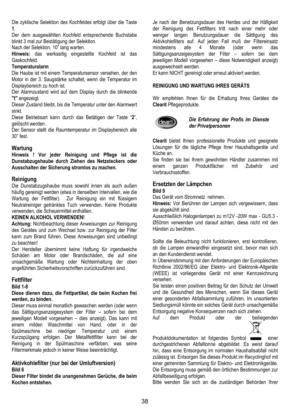 Wartung, Reinigung, Fettfilter | Aktivkohlefilter (nur bei der umluftversion), Ersetzten der lämpchen | DE DIETRICH DHG1166X User Manual | Page 38 / 120