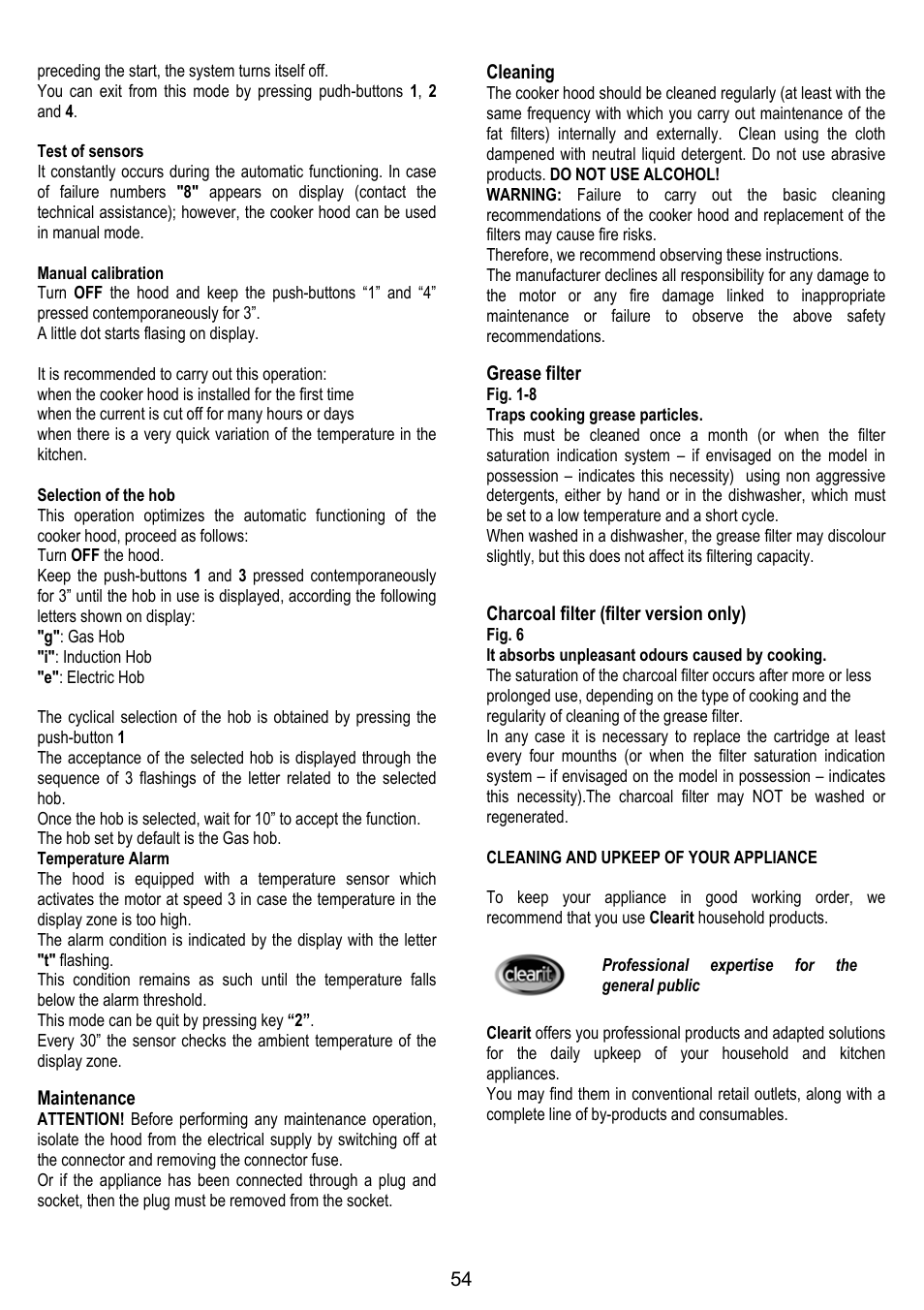 Maintenance, Cleaning, Grease filter | Charcoal filter (filter version only) | DE DIETRICH DHG1166X User Manual | Page 54 / 120