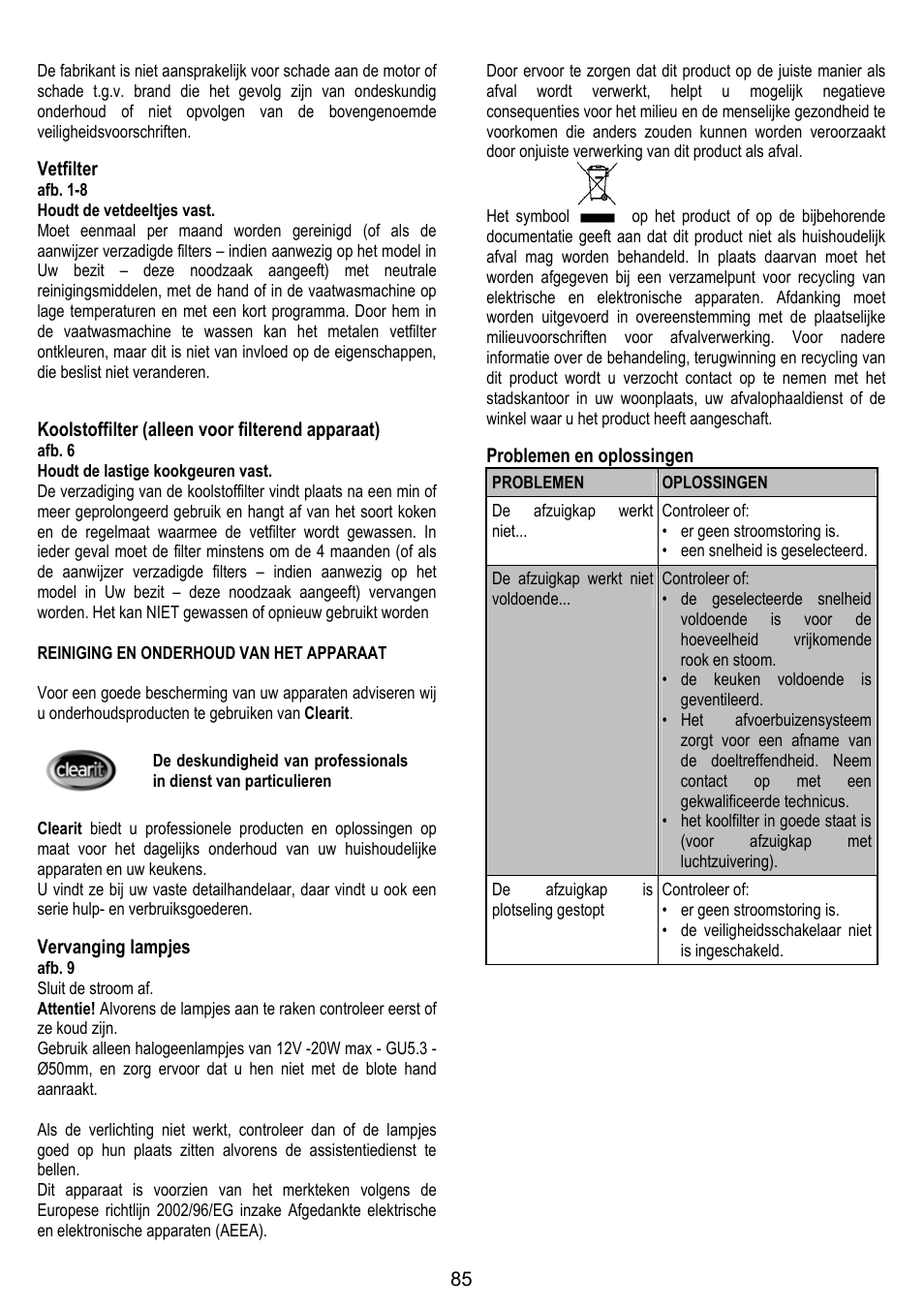 Vetfilter, Koolstoffilter (alleen voor filterend apparaat), Vervanging lampjes | Problemen en oplossingen | DE DIETRICH DHG1166X User Manual | Page 85 / 120