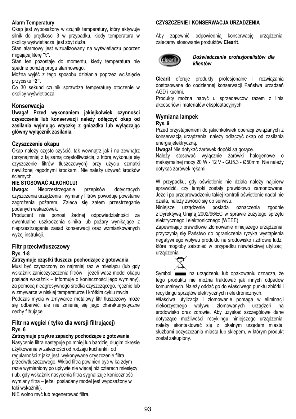 Konserwacja, Czyszczenie okapu, Filtr przeciwtłuszczowy | Filtr na węgiel ( tylko dla wersji filtrującej), Wymiana lampek | DE DIETRICH DHG1166X User Manual | Page 93 / 120