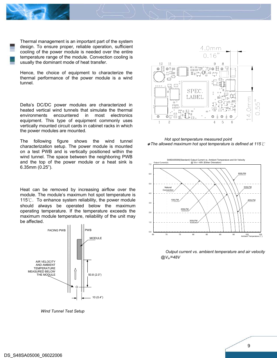 Thermal considerations, Thermal curves, Thermal testing setup | Thermal derating | Delta Electronics S48SA User Manual | Page 9 / 13