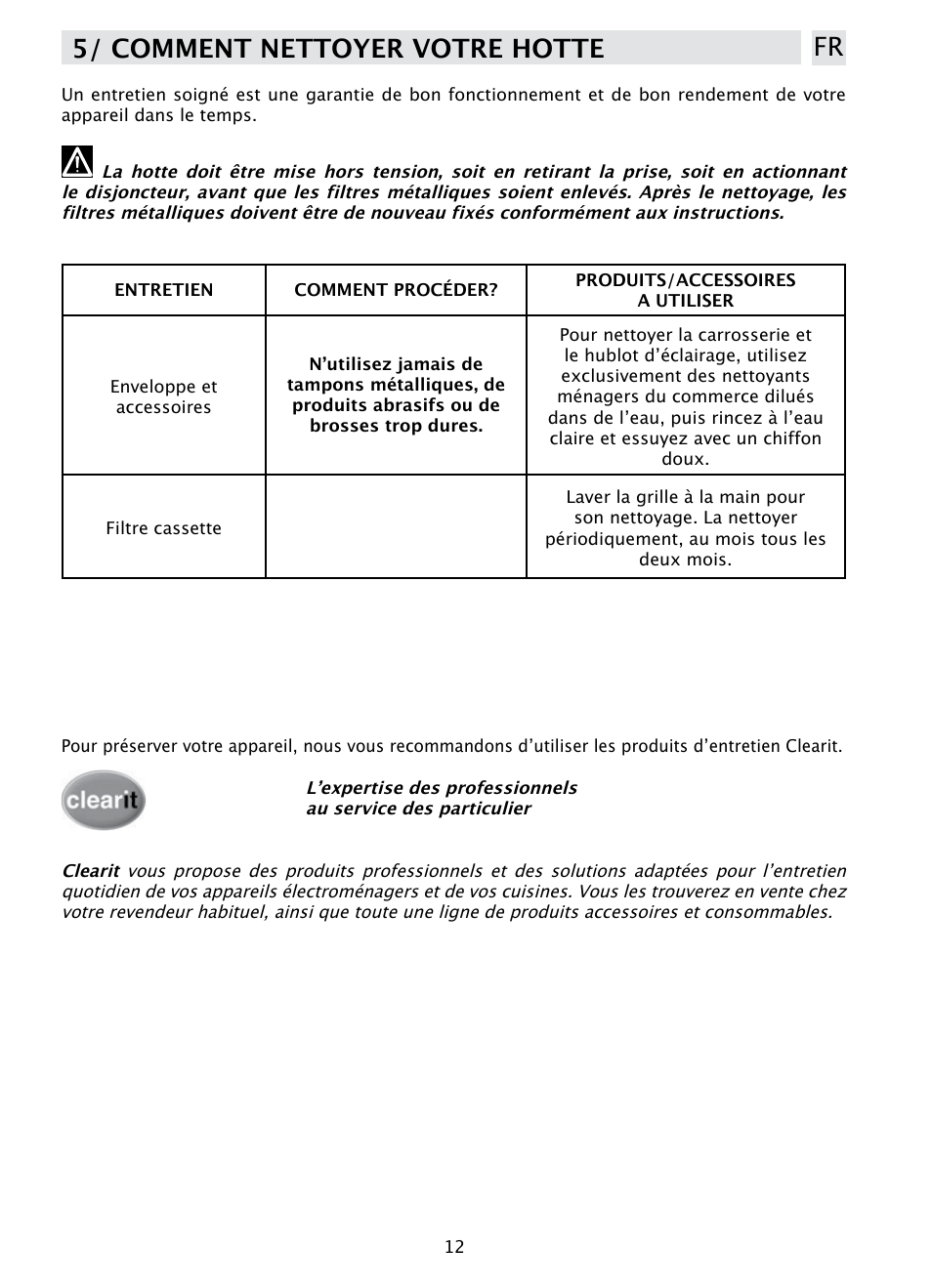 5/ comment nettoyer votre hotte fr | DE DIETRICH DHD1190B User Manual | Page 12 / 65