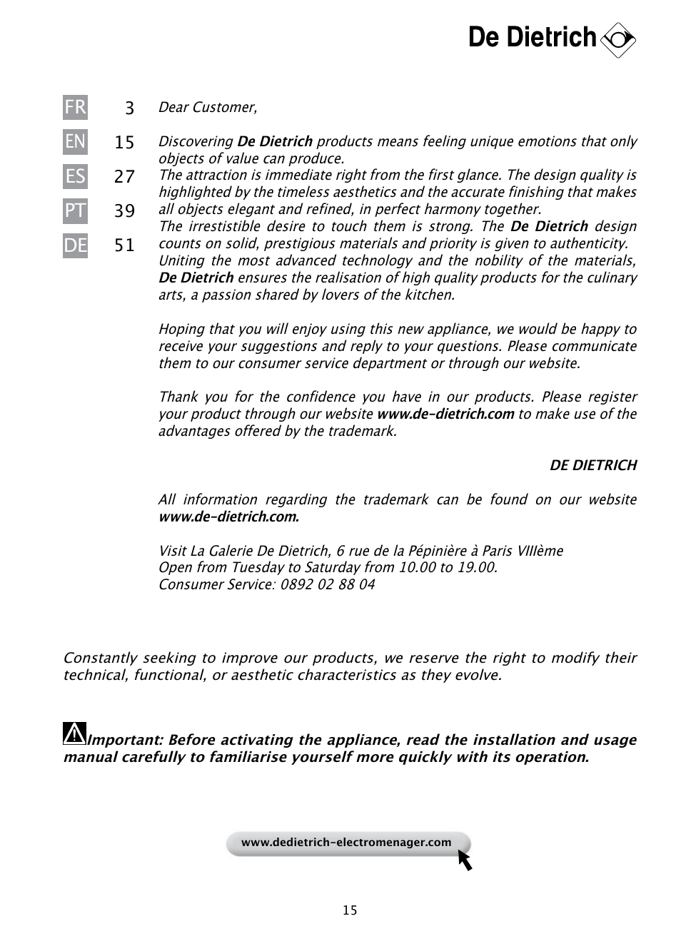 Fr pt de en es | DE DIETRICH DHD1190B User Manual | Page 15 / 65