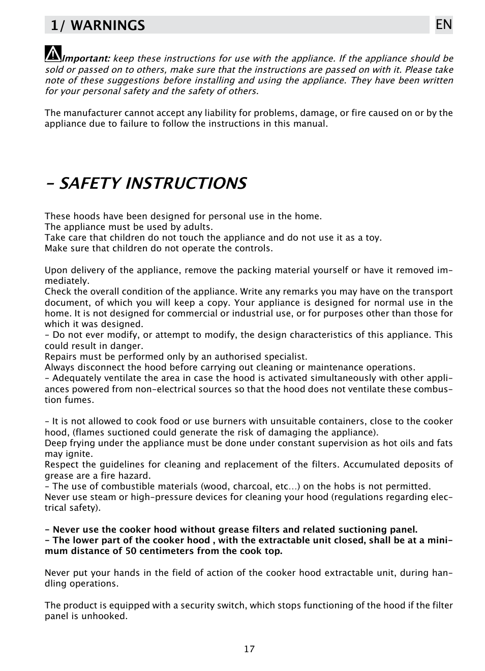 Safety instructions, 1/ warnings en | DE DIETRICH DHD1190B User Manual | Page 17 / 65