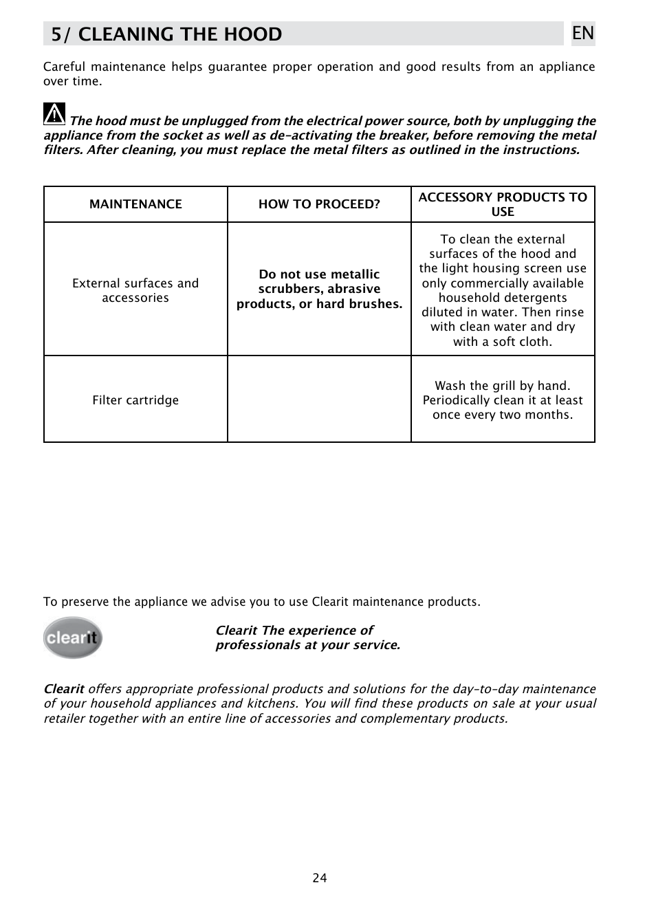 5/ cleaning the hood en | DE DIETRICH DHD1190B User Manual | Page 24 / 65