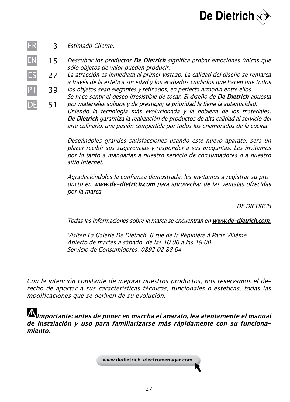 Fr pt de en es | DE DIETRICH DHD1190B User Manual | Page 27 / 65