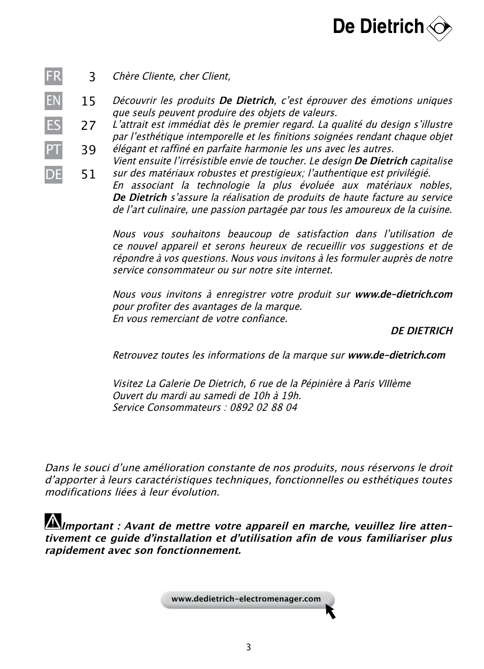 Fr pt de en es | DE DIETRICH DHD1190B User Manual | Page 3 / 65