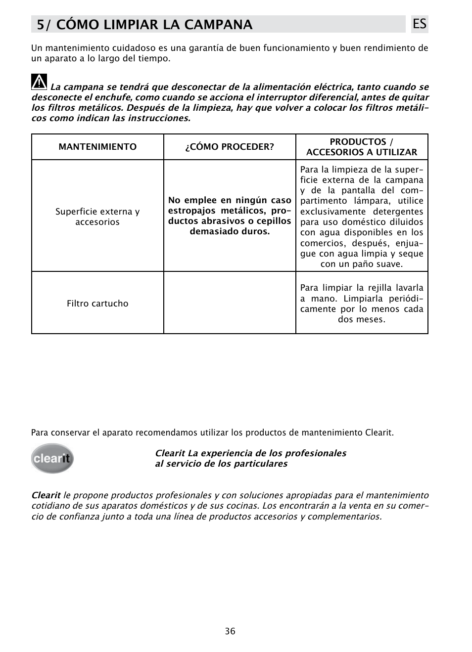 5/ cómo limpiar la campana es | DE DIETRICH DHD1190B User Manual | Page 36 / 65