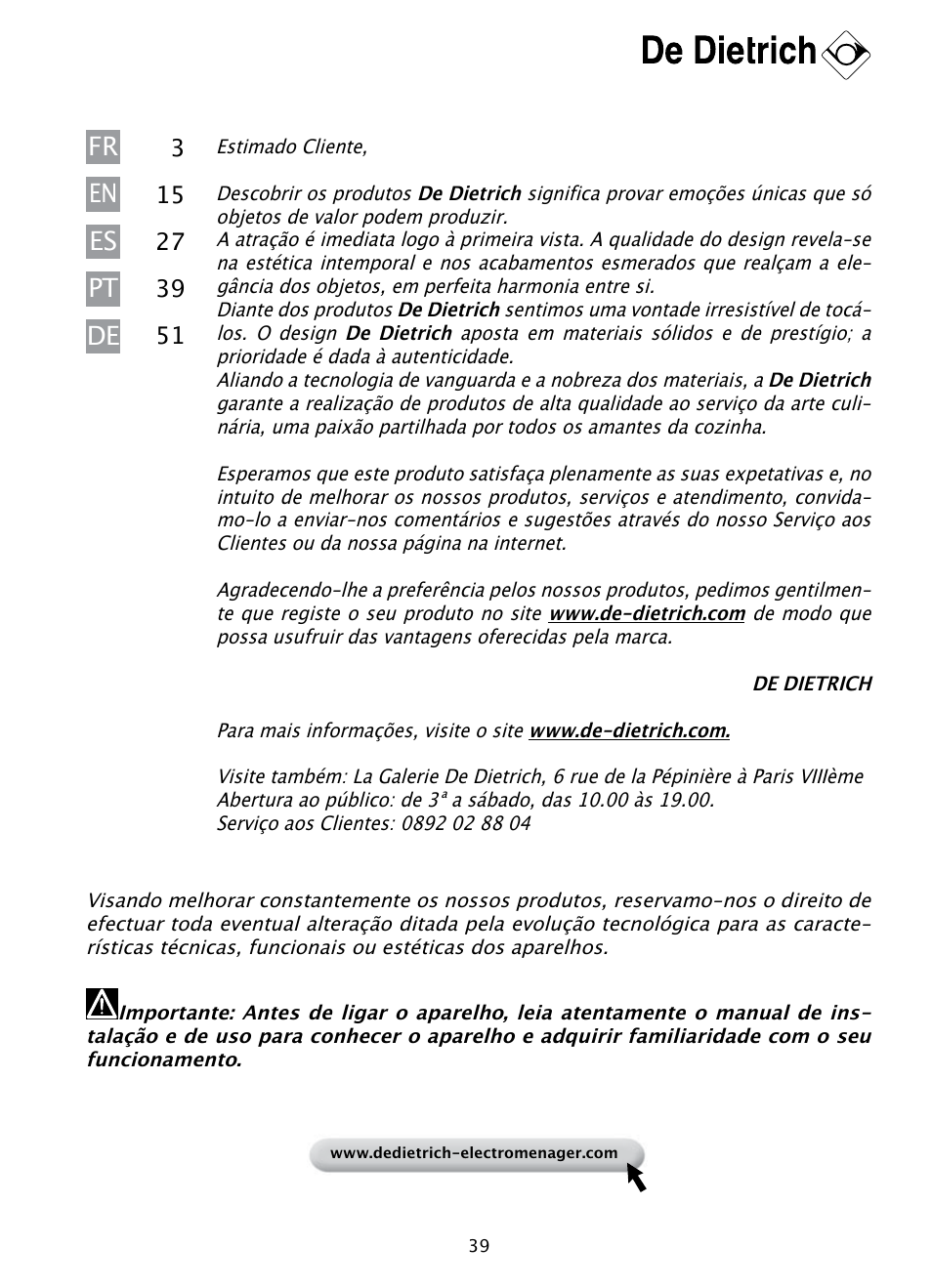 Fr pt de en es | DE DIETRICH DHD1190B User Manual | Page 39 / 65