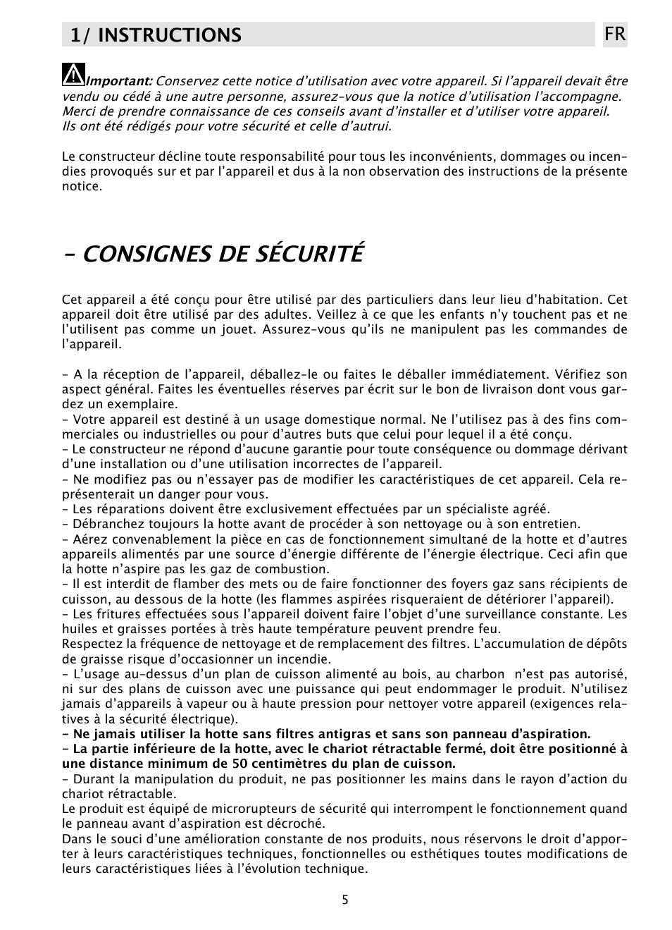 Consignes de sécurité, 1/ instructions fr | DE DIETRICH DHD1190B User Manual | Page 5 / 65