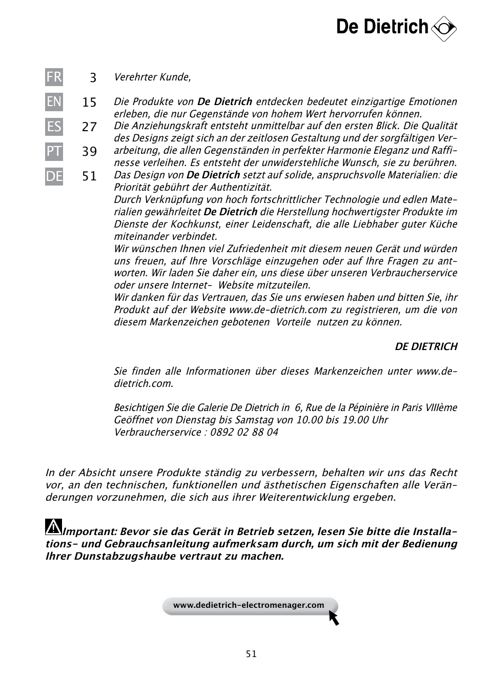 Fr pt de en es | DE DIETRICH DHD1190B User Manual | Page 51 / 65