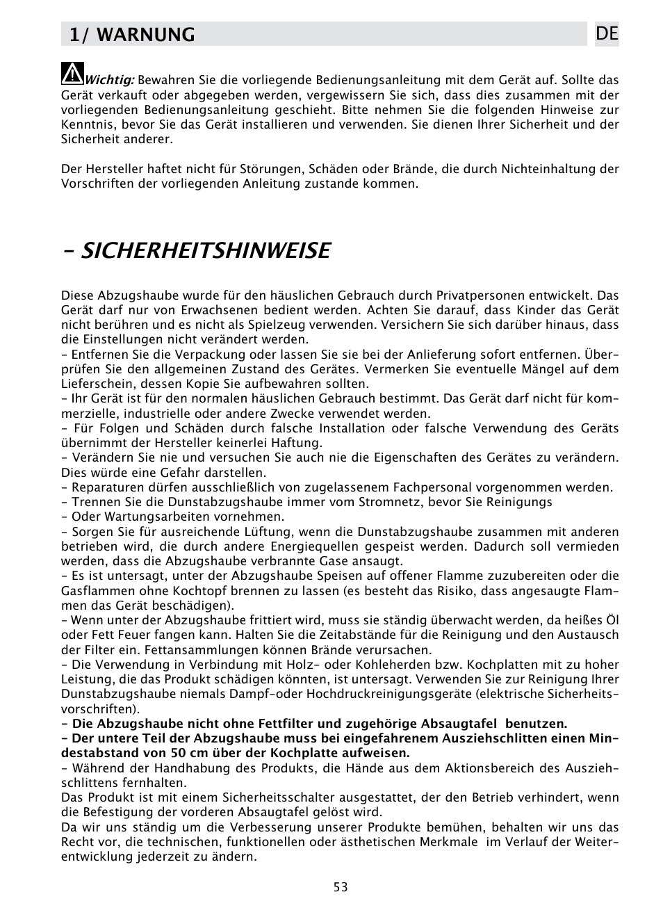 Sicherheitshinweise, 1/ warnung de | DE DIETRICH DHD1190B User Manual | Page 53 / 65