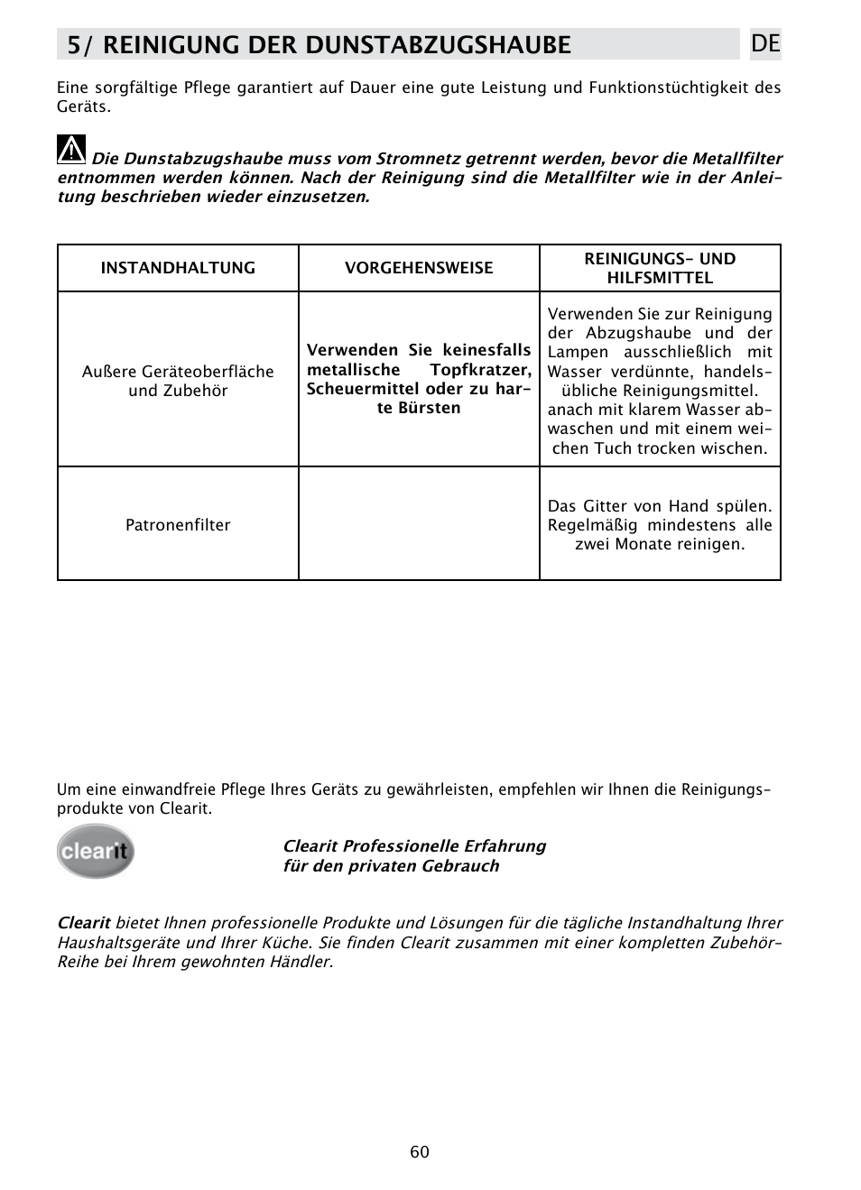 5/ reinigung der dunstabzugshaube de | DE DIETRICH DHD1190B User Manual | Page 60 / 65