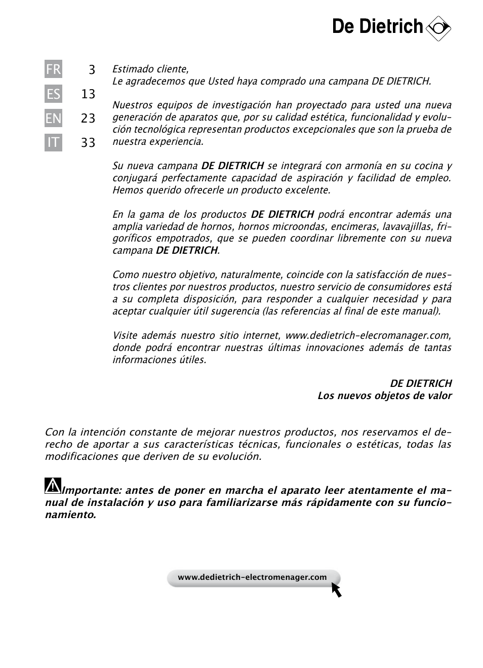 En fr es it | DE DIETRICH DHD1103X User Manual | Page 13 / 48