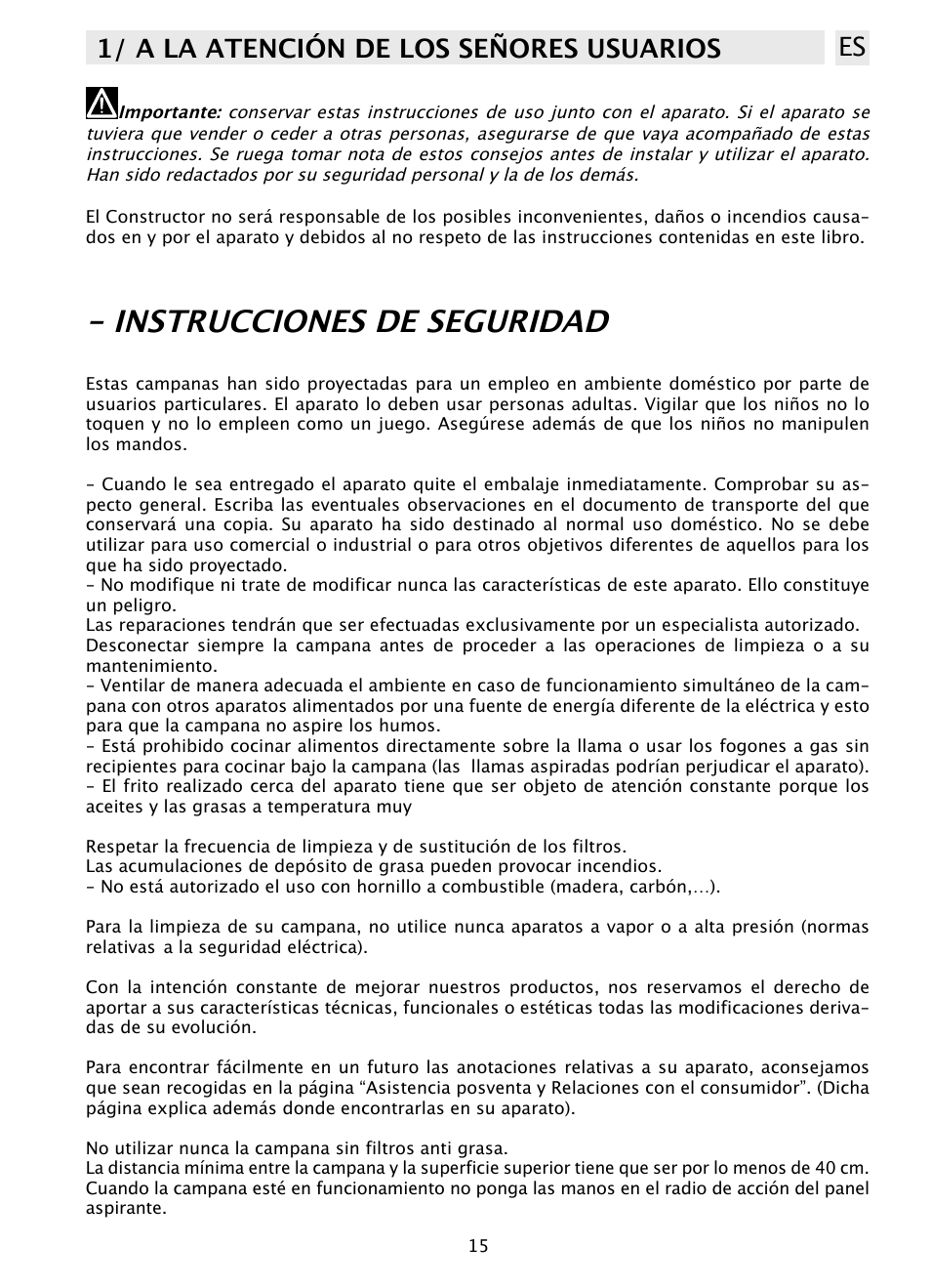 Instrucciones de seguridad, 1/ a la atención de los señores usuarios es | DE DIETRICH DHD1103X User Manual | Page 15 / 48