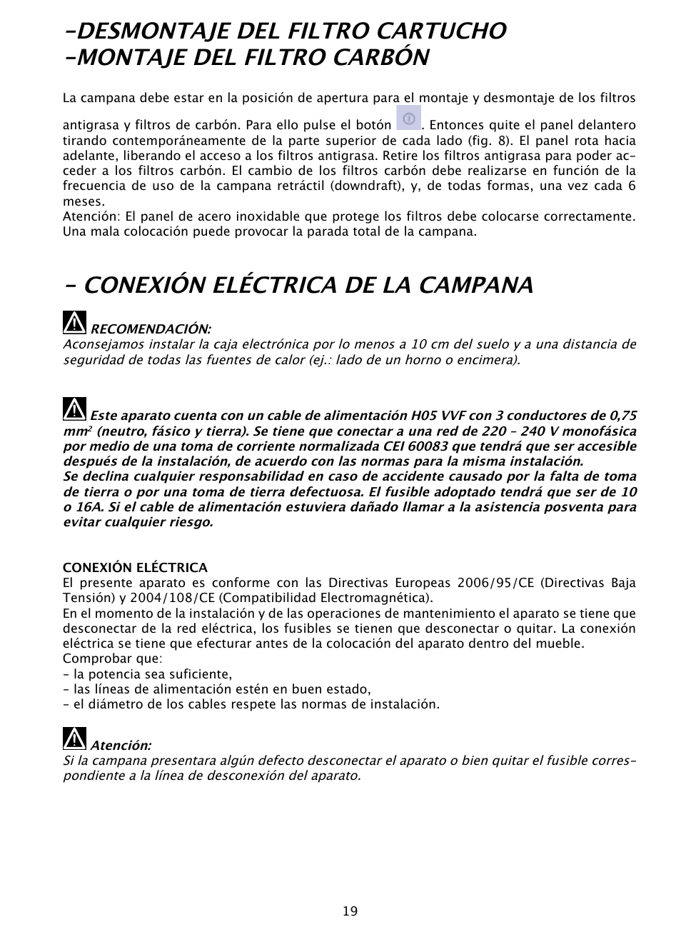 Conexión eléctrica de la campana | DE DIETRICH DHD1103X User Manual | Page 19 / 48