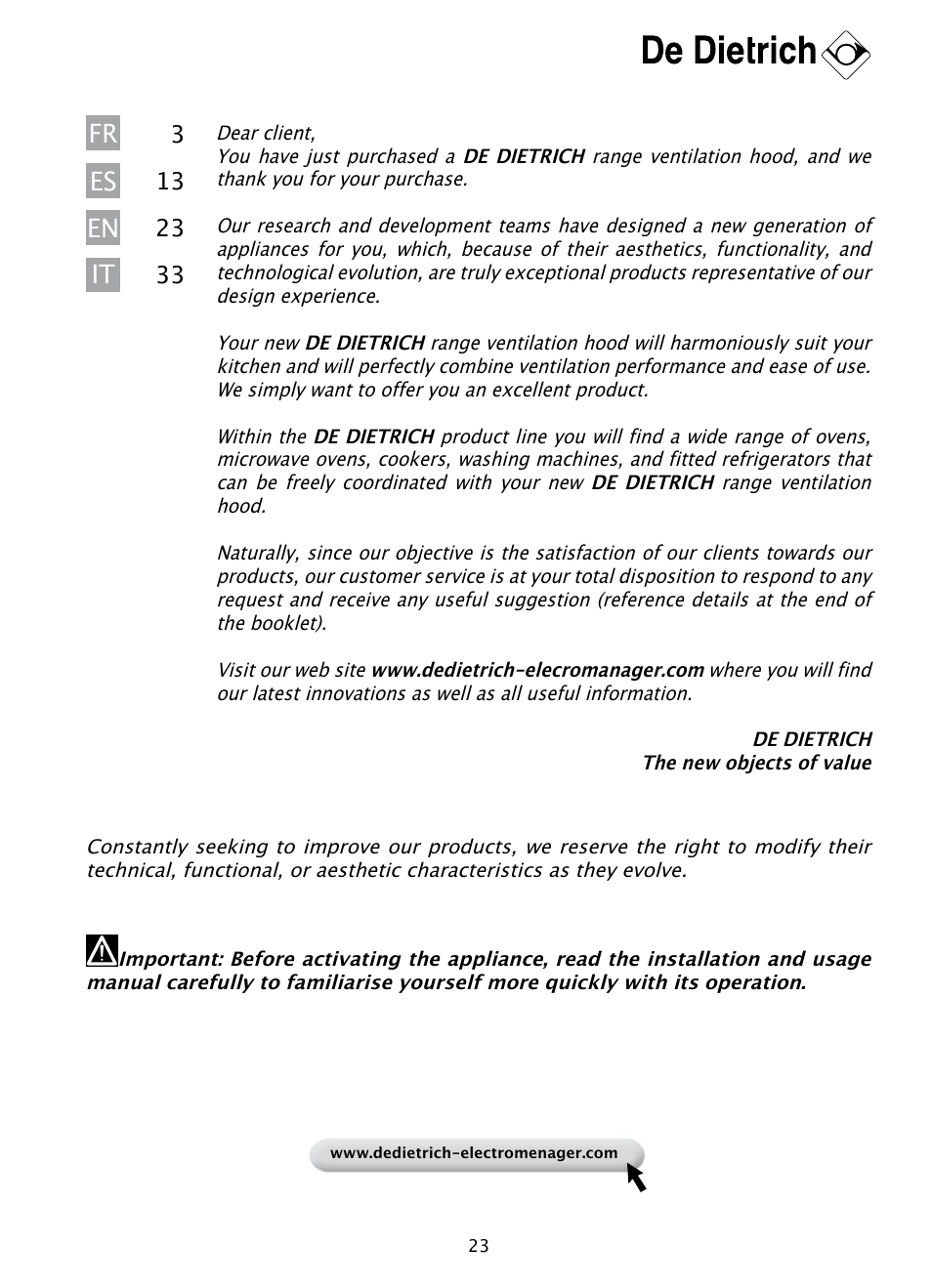 En fr es it | DE DIETRICH DHD1103X User Manual | Page 23 / 48