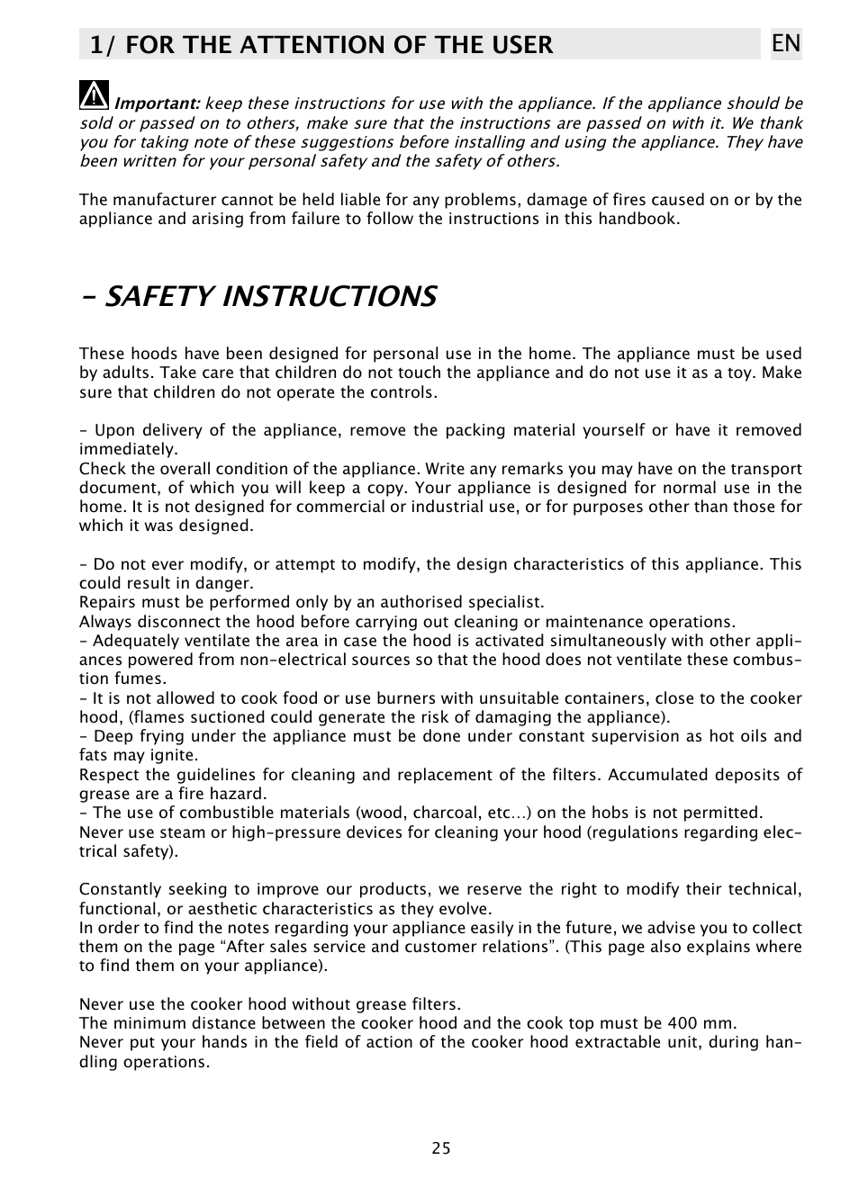 Safety instructions, 1/ for the attention of the user en | DE DIETRICH DHD1103X User Manual | Page 25 / 48