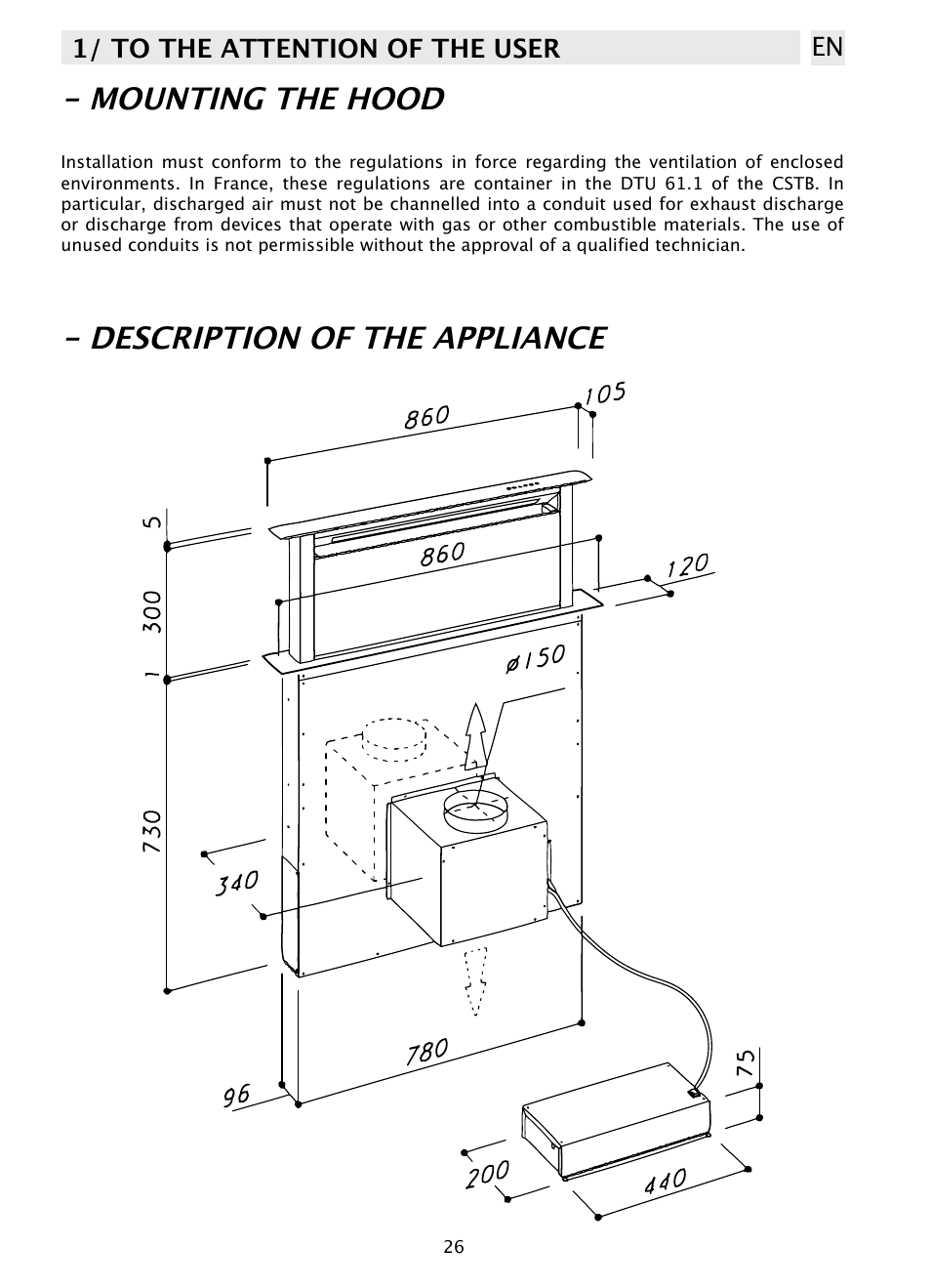 Description of the appliance - mounting the hood, 1/ to the attention of the user en | DE DIETRICH DHD1103X User Manual | Page 26 / 48