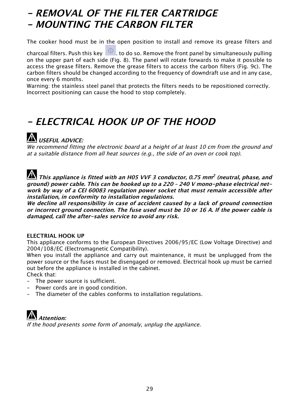 Electrical hook up of the hood | DE DIETRICH DHD1103X User Manual | Page 29 / 48