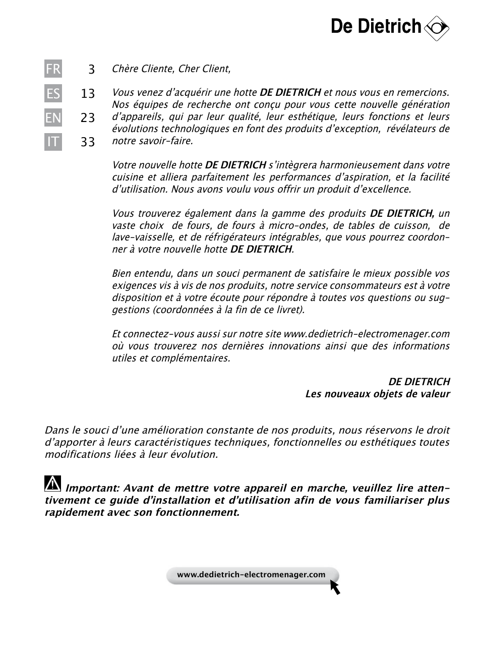 En fr es it | DE DIETRICH DHD1103X User Manual | Page 3 / 48
