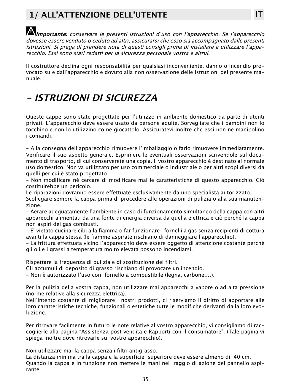 Istruzioni di sicurezza, 1/ all’attenzione dell’utente it | DE DIETRICH DHD1103X User Manual | Page 35 / 48