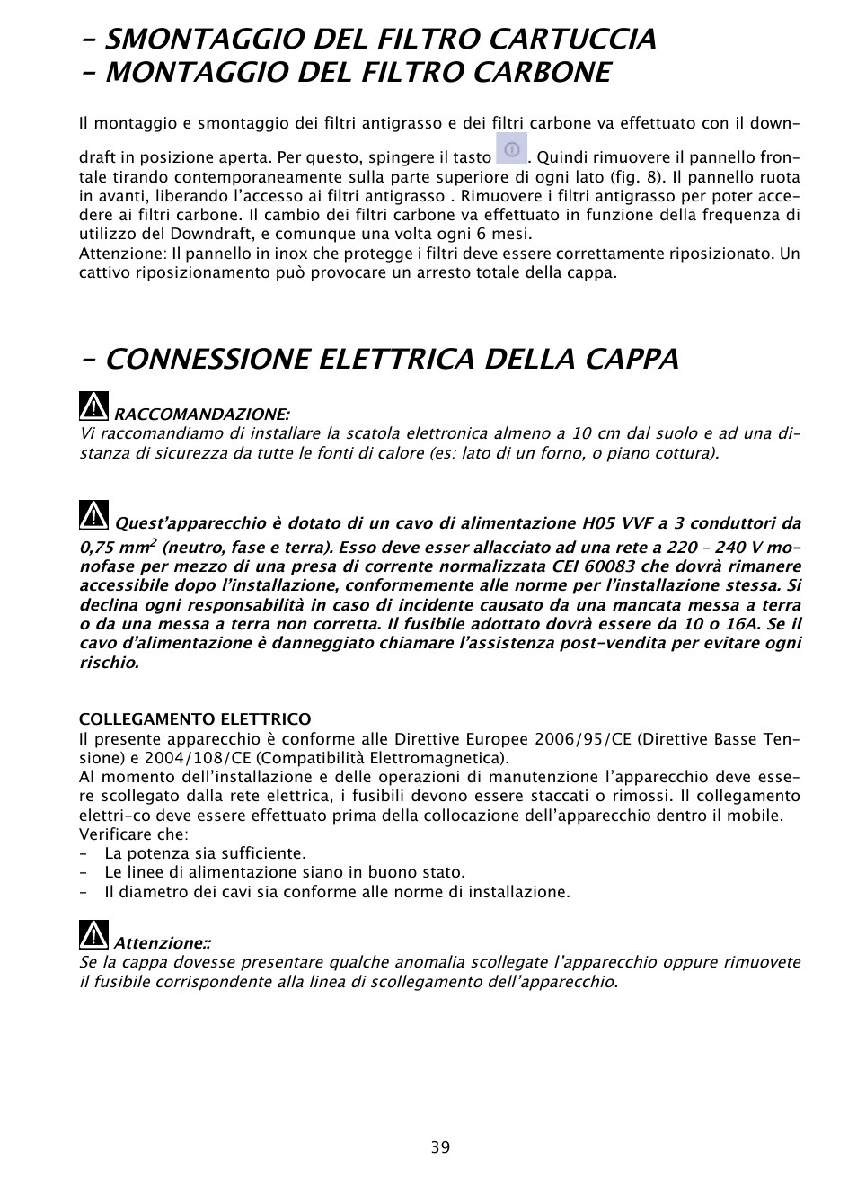 Connessione elettrica della cappa | DE DIETRICH DHD1103X User Manual | Page 39 / 48
