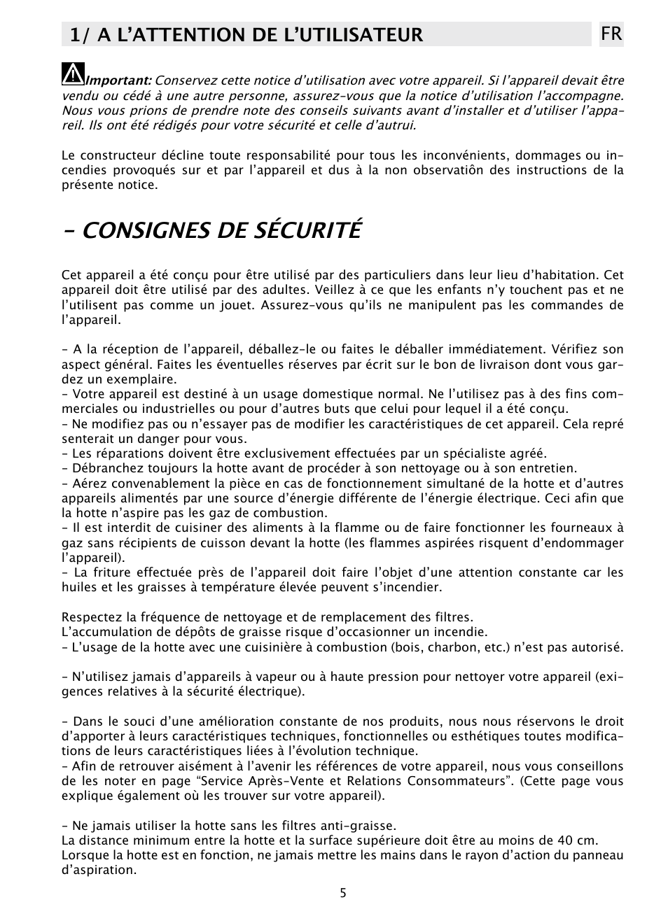Consignes de sécurité, 1/ a l’attention de l’utilisateur fr | DE DIETRICH DHD1103X User Manual | Page 5 / 48