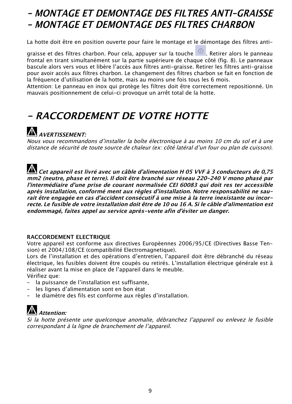 Raccordement de votre hotte | DE DIETRICH DHD1103X User Manual | Page 9 / 48