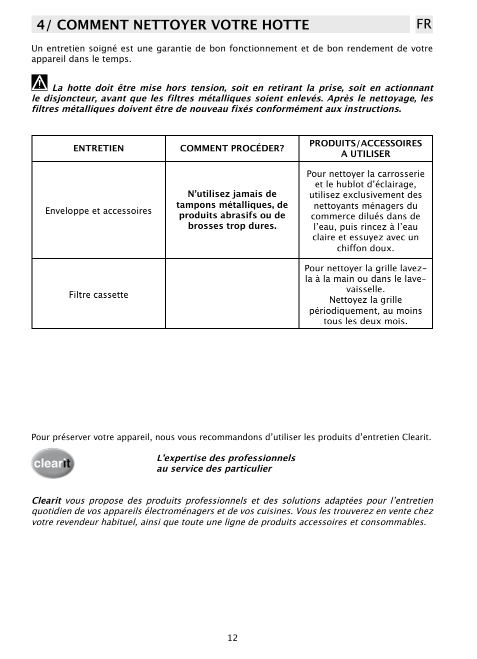 4/ comment nettoyer votre hotte fr | DE DIETRICH DHD1131 User Manual | Page 12 / 66