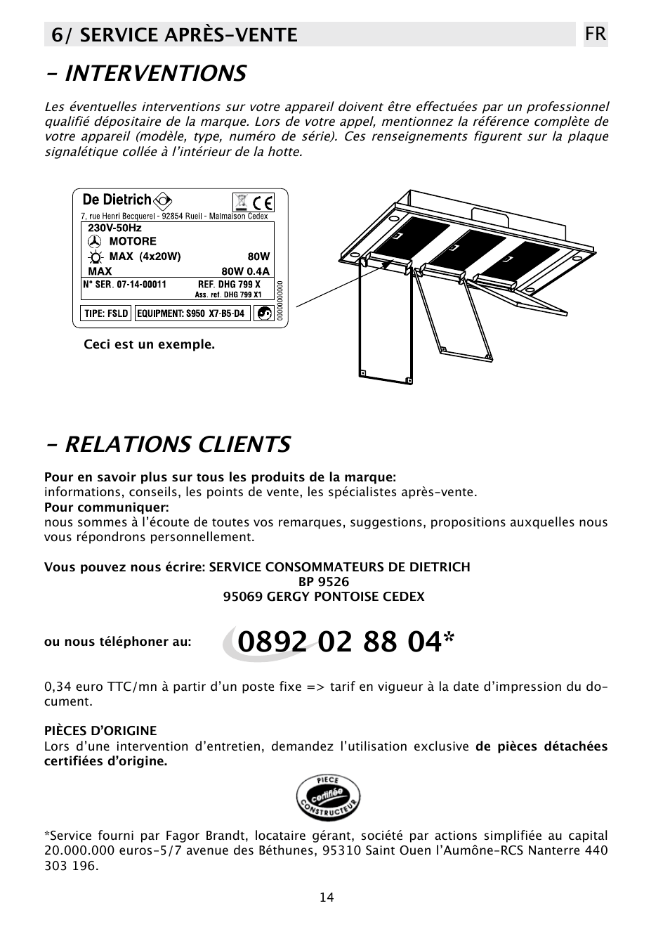 Interventions, Relations clients, 6/ service après-vente fr | DE DIETRICH DHD1131 User Manual | Page 14 / 66