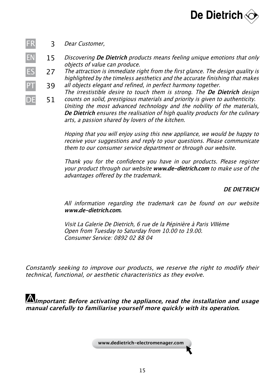 Fr pt de en es | DE DIETRICH DHD1131 User Manual | Page 15 / 66