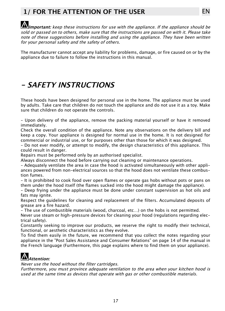 Safety instructions, 1/ for the attention of the user en | DE DIETRICH DHD1131 User Manual | Page 17 / 66