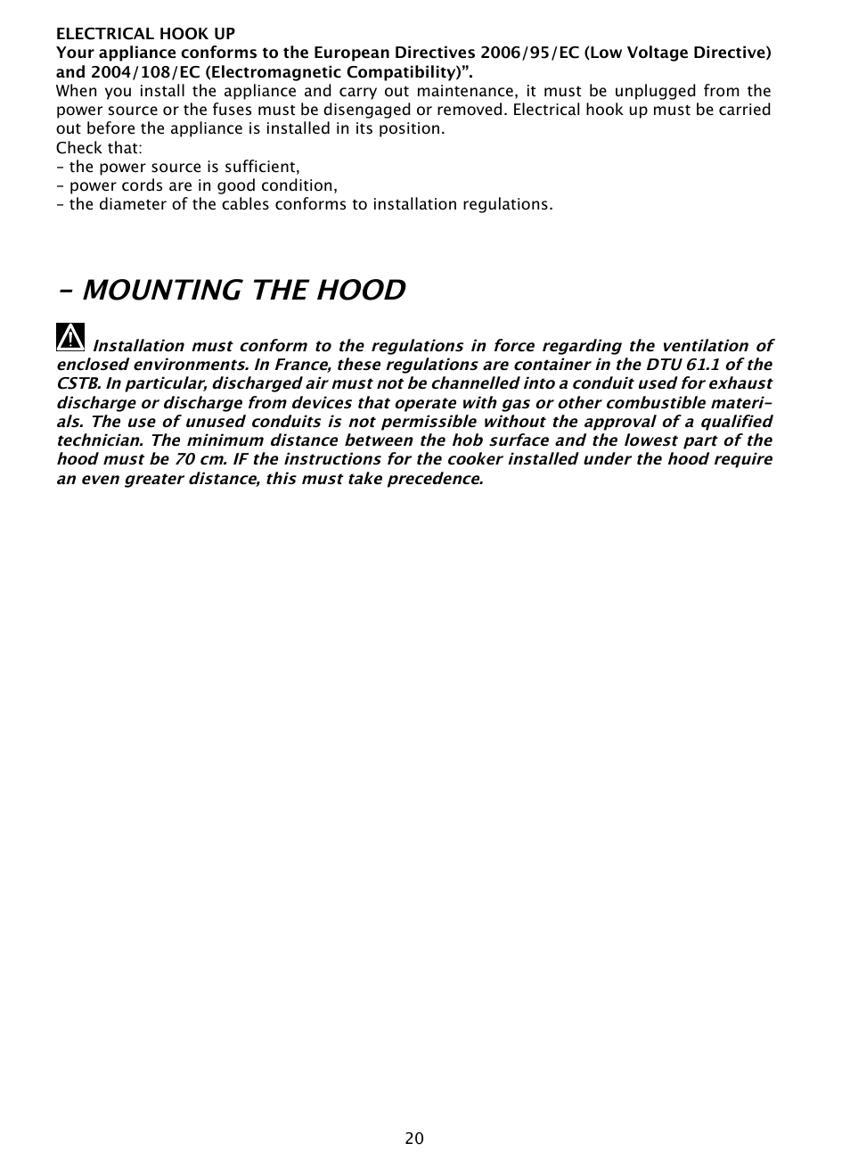 Mounting the hood | DE DIETRICH DHD1131 User Manual | Page 20 / 66