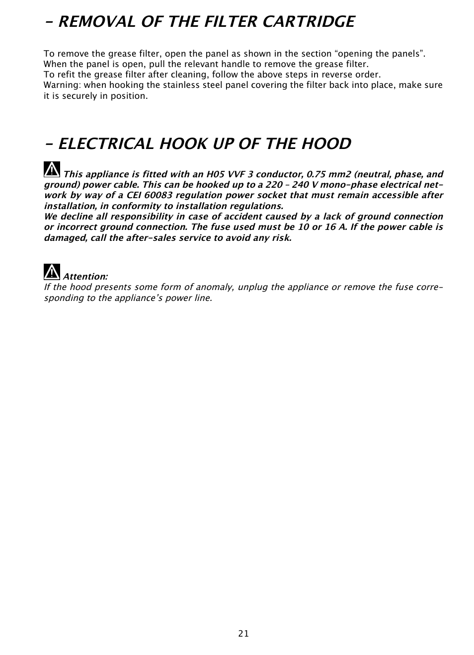 Removal of the filter cartridge, Electrical hook up of the hood | DE DIETRICH DHD1131 User Manual | Page 21 / 66