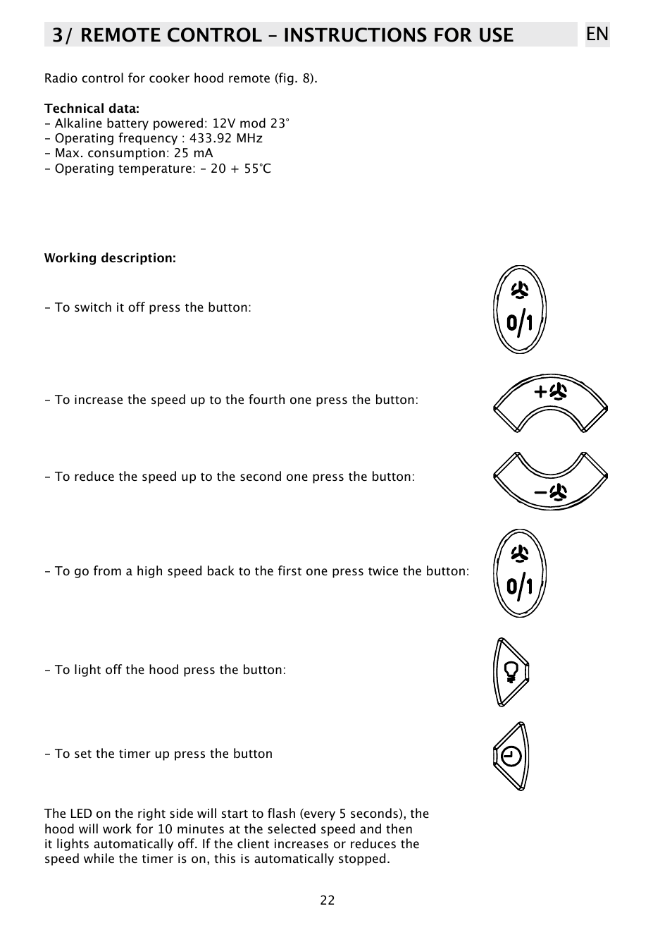 3/ remote control – instructions for use en | DE DIETRICH DHD1131 User Manual | Page 22 / 66