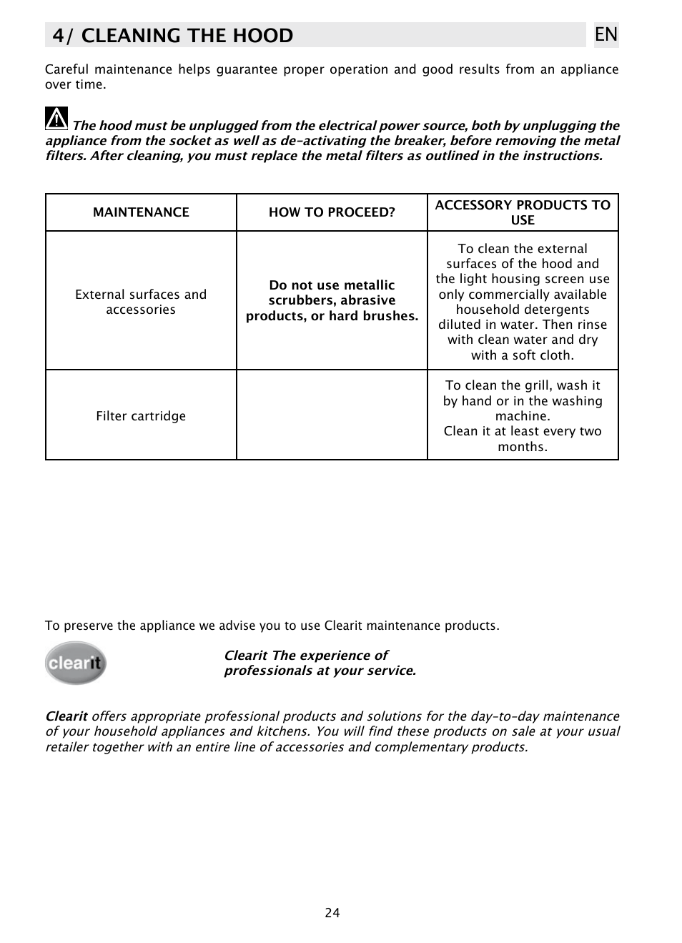 4/ cleaning the hood en | DE DIETRICH DHD1131 User Manual | Page 24 / 66