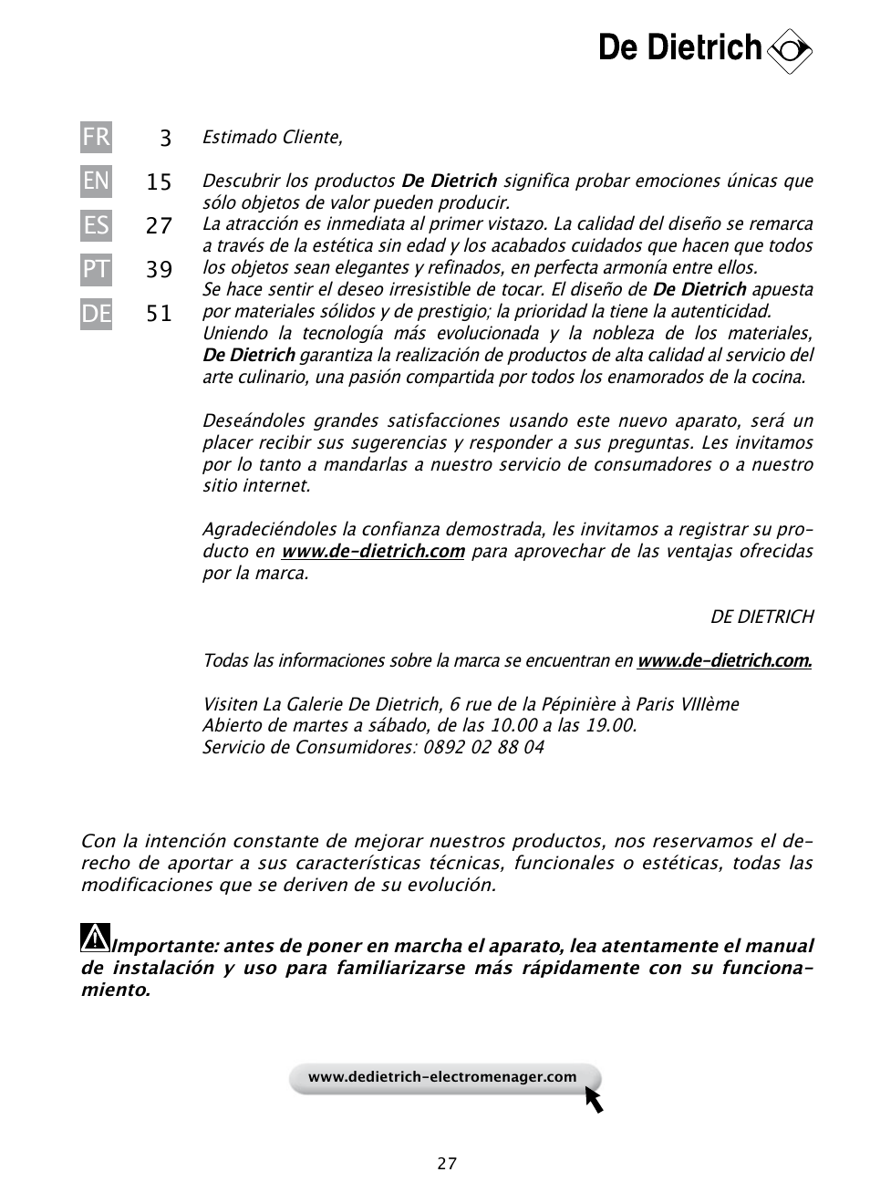 Fr pt de en es | DE DIETRICH DHD1131 User Manual | Page 27 / 66