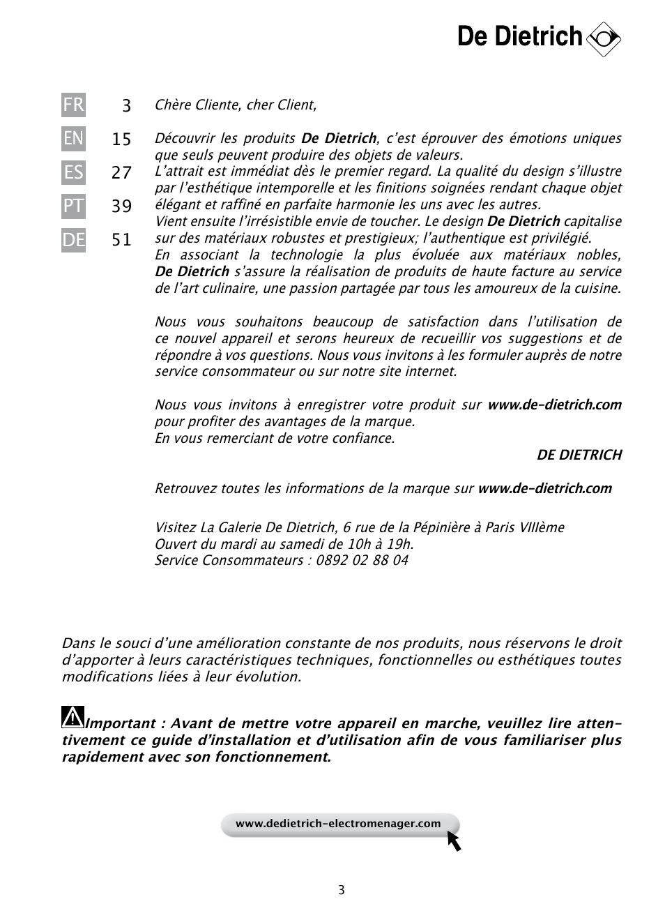 Fr pt de en es | DE DIETRICH DHD1131 User Manual | Page 3 / 66