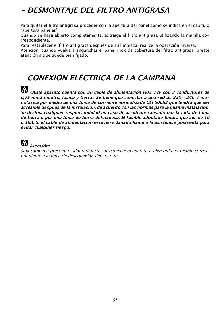 Desmontaje del filtro antigrasa, Conexión eléctrica de la campana | DE DIETRICH DHD1131 User Manual | Page 33 / 66