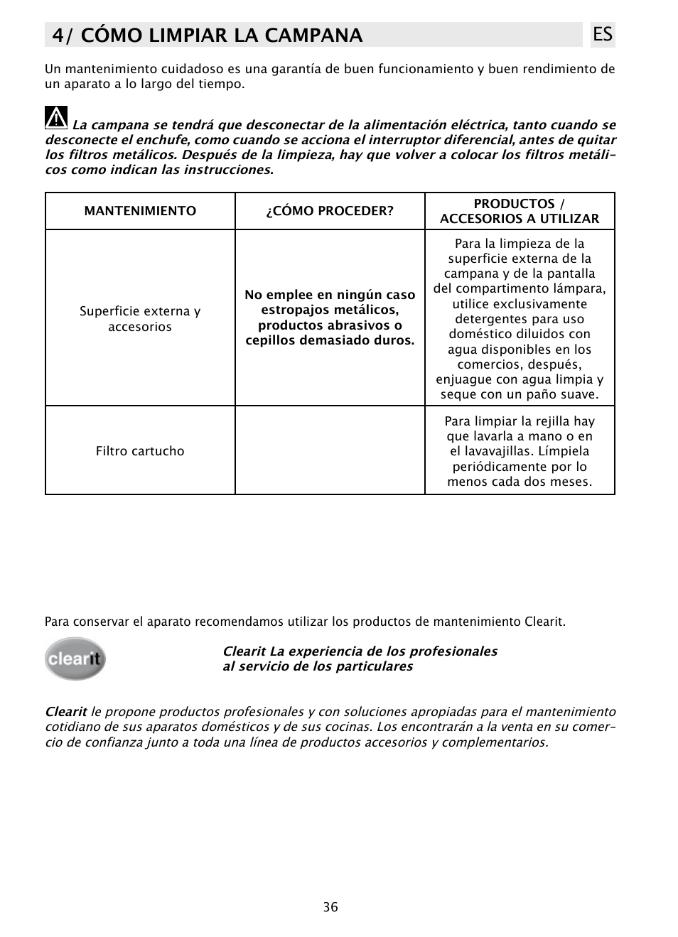 4/ cómo limpiar la campana es | DE DIETRICH DHD1131 User Manual | Page 36 / 66