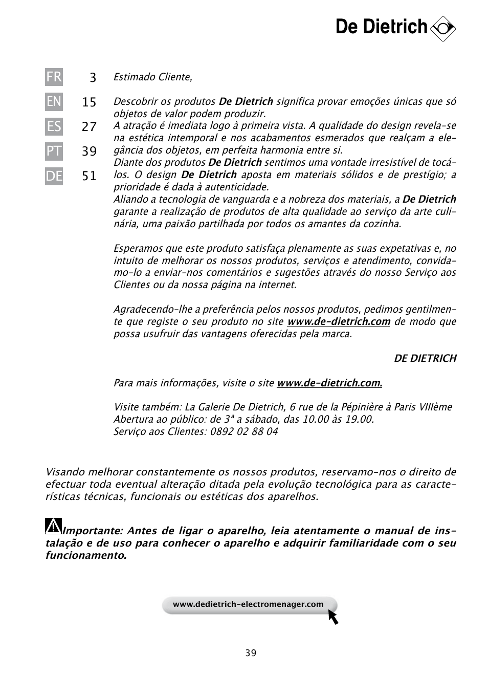Fr pt de en es | DE DIETRICH DHD1131 User Manual | Page 39 / 66