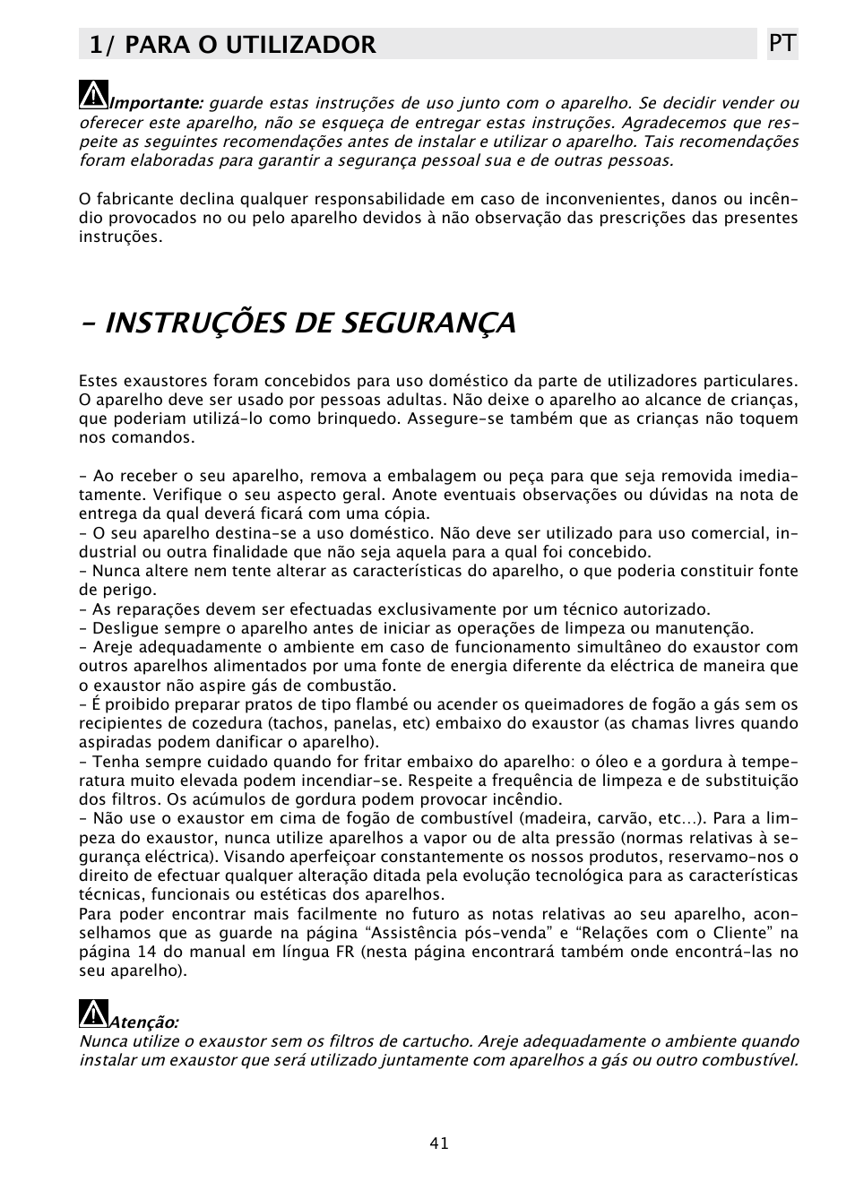 Instruções de segurança, 1/ para o utilizador pt | DE DIETRICH DHD1131 User Manual | Page 41 / 66