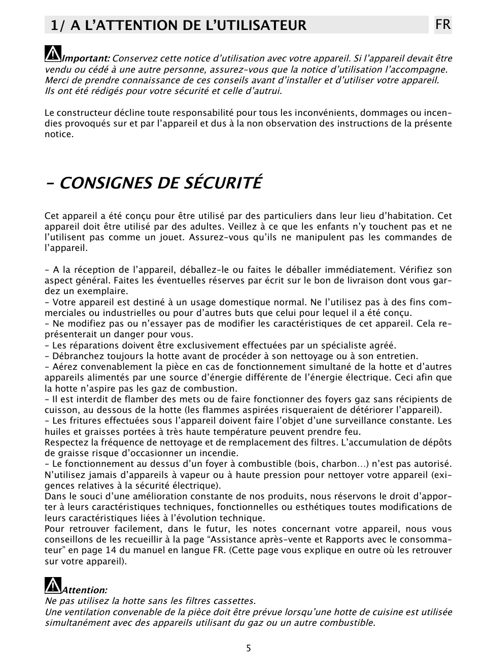 Consignes de sécurité, 1/ a l’attention de l’utilisateur fr | DE DIETRICH DHD1131 User Manual | Page 5 / 66